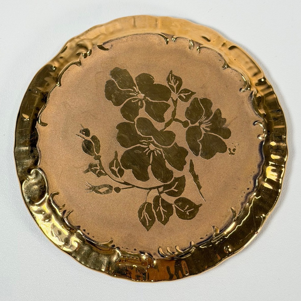 Lois Aronow Handmade Decorative Ceramic Plate Gold‎ Floral Scalloped Edge MCM